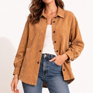 E.L.C.C. 1980s Embroidered Camel Button Down Long Sleeve Shacket